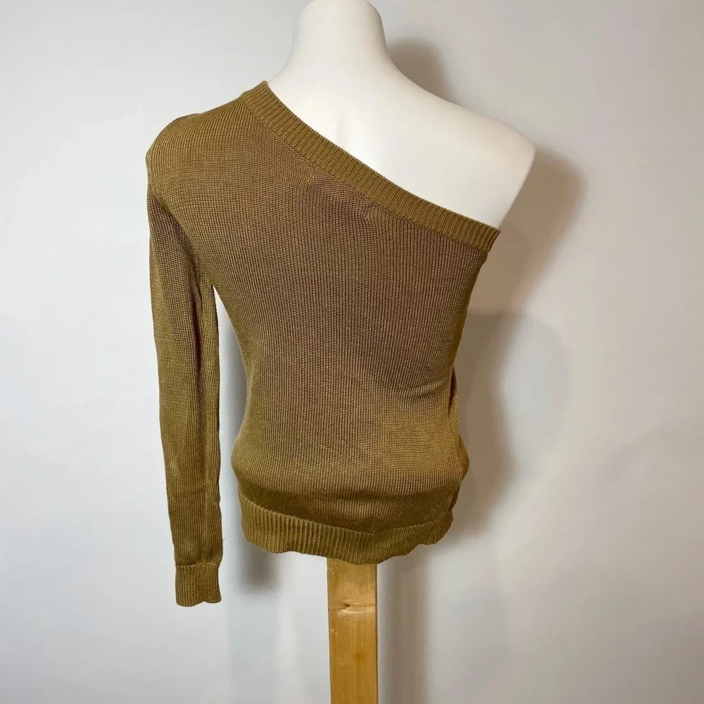 Michael Kors One Shoulder Sleeve Knit Pullover Sweater‎ Brown 2XS Womens Ribbed